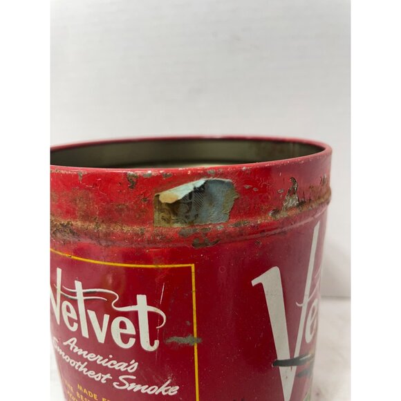 Vintage Velvet Pipe & Cigarette Tobacco Large Red Surface Rust Wear Lid & Tin - Picture 8 of 12